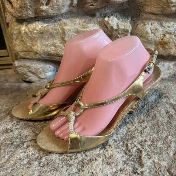 PRADA Vintage Gold Leather Slingback Basket Weave 4" Wedge Heels Sandals 40/9.5 - Picture 3 of 9